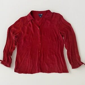 90s Vintage 100%‎ Silk Red Button-Down Blouse Smock Ruffle Cuffs Women's 14/16